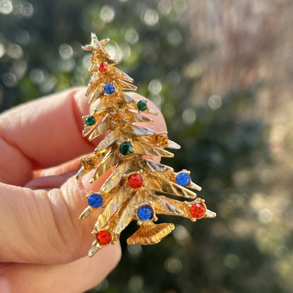 HOLIDAY🎄🎄ART Multi-Color Rhinestone Gold Christmas Tree BROOCH